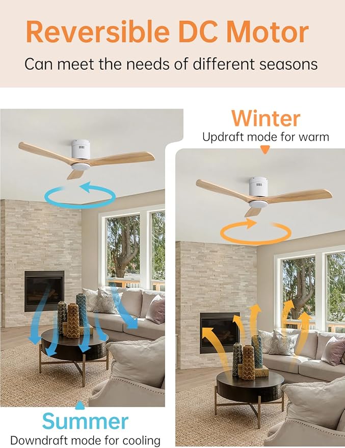 Sofucor Ceiling Fan without Lights, 52 Inch Low Profile Flush Mount Mordern Wood Ceiling Fan with Remote for Indoor Farmhouse Bedroom Living Room Outdoor Patio Porch, Reversible DC Motor, Noiseless