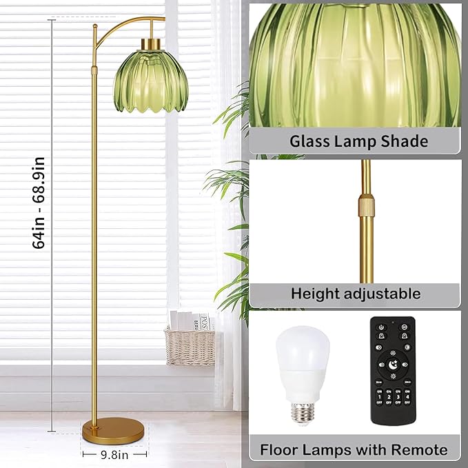 Glass Floor Lamp for Living Room,Bedroom,Gold Mid Century Modern Standing Lamp with Remote,Dimmable Brass Tall Lamp Vintage Tulip Green Arc Flower Floor Light Boho Bohemian