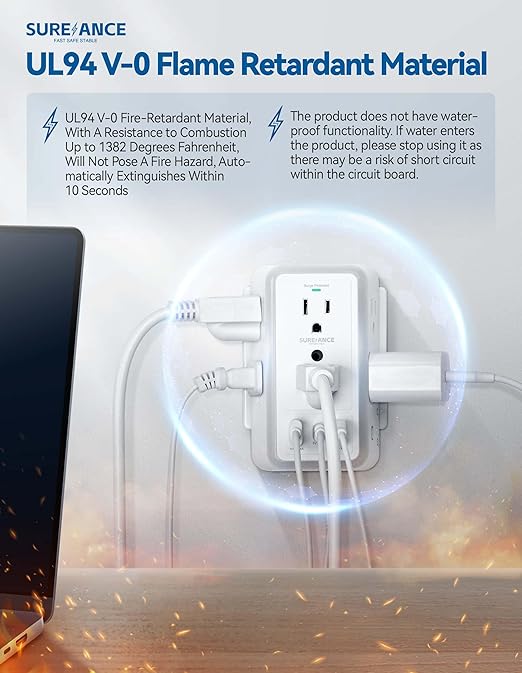 Multi Plug Wall Outlet, SUREANCE 6-Outlet Extender with Night Light, 3 USB Ports, 3-Sided Power Strip with Adapter Spaced Outlets,1050J Wall Charger, for Home Office Dorm Essentials