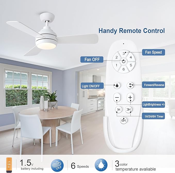 42 Inch Ceiling Fans with Lights and Remote, Modern White Ceiling Fan with Light, DC Reversible, 6 Speeds, 3CCT, Dimmable, 3 blades, Bedroom, Indoor/Outdoor Patios Use