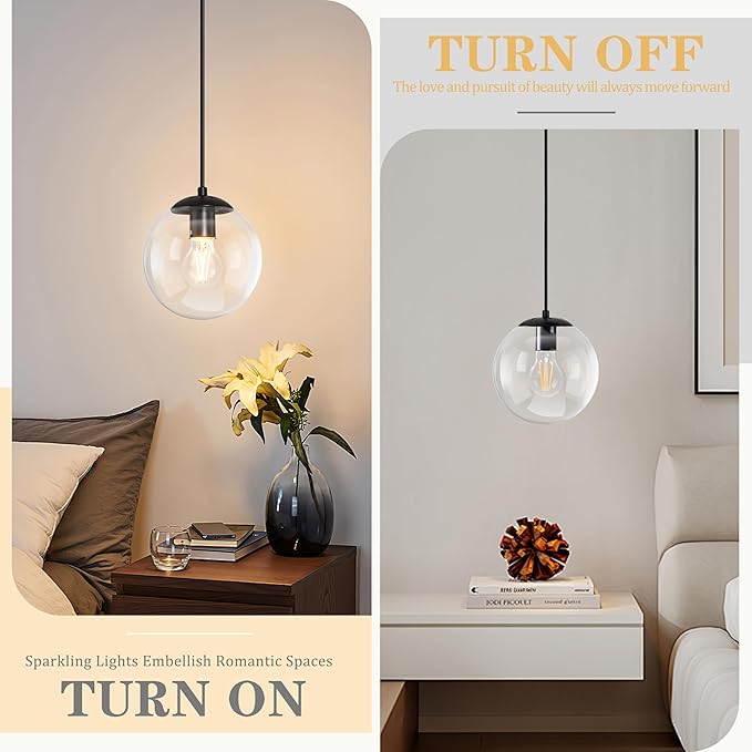KoKo&Yukina 8" Globe Pendant Light Black Plug in Pendant Light Adjustable Hanging Lights with Plug in Cord Matte Black Finished with Clear Glass Lampshade for Bedroom Kitchen Island（Bulb Included）
