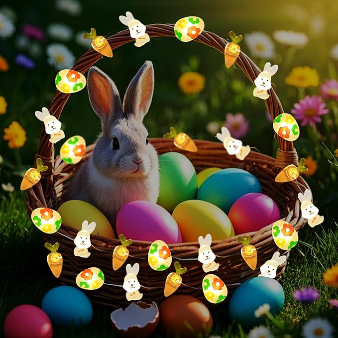 Easter Decorations Battery Operated 17Ft Bunny Carrot Egg String Lights 50 LED Fairy Lights with Timer, Spring Decor for Indoor Outdoor Home Mantel Tree Egg Hunt Party Easter Decoration