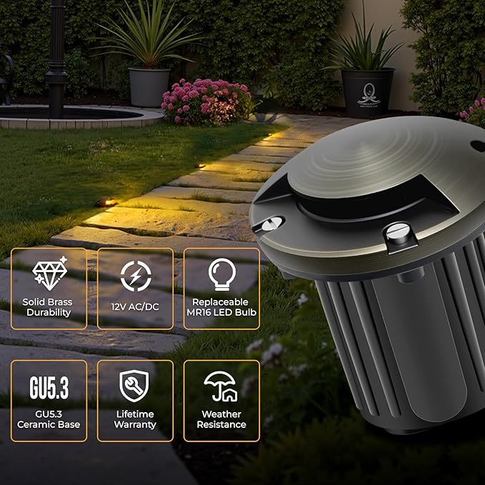 Gardencoin Brass Well Lights Outdoor 12V LED Low Voltage Landscape In Ground Light Waterproof Up Lighting Fixture, Bronze Accent Lighting Fixture Without MR16 Bulb, 4 Pack