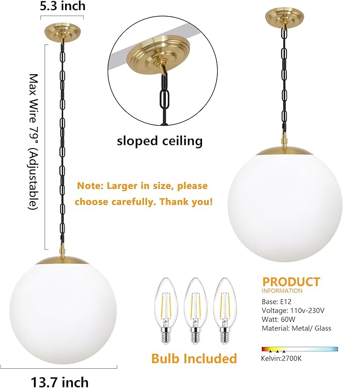 KoKo&Yukina 13.7" Gold Globe Pendant Light Mid Century Pendant Light Milk Glass Pendant Lights Kitchen Island Adjustable Hanging Light Fixture for Dining Room Bedroom Kitchen Islan