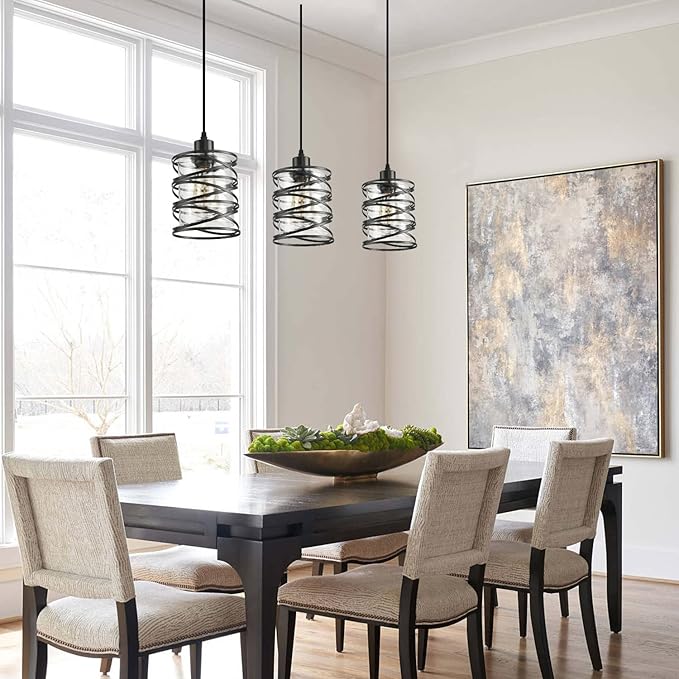 3 Pack Pendant Light Kitchen Island Pendant Lighting, Glass Hanging Light with Spiral Cage Clear Glass Shade, Black Modern Indoor Hanging Lamp