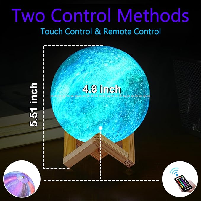 Moon Lamp, Night Light, 16 Colors Galaxy Lamp 3D Printing Moon Light with Stand/Remote Control/Touch/USB Rechargeable/Timer, Moon Night Light for Kids Friend, Home decor Mothers Day Gifts (4.8 inch)