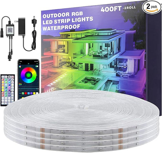 Aclorol 400FT Outdoor LED Strip Lights Waterproof 24V RGB LED Light Strip Music Sync with Remote Flexible LED Rope Light Color Changing for Deck Balcony Roof Garden Outside (120M/2 Roll)