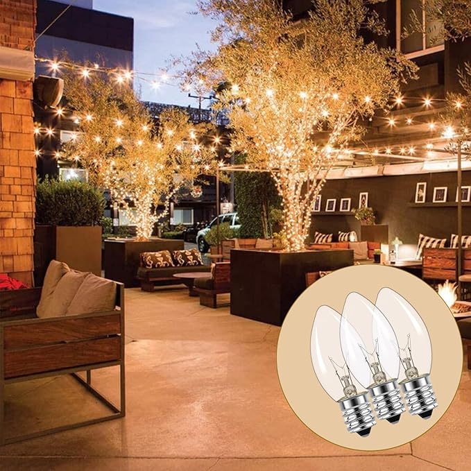 25 Pack C9 Replacement Bulbs Christmas Lights Outdoor, C9 Clear String Lights Repalcement Bulbs Fits in C9/E17 Base, 7W Vintage Christmas Light Bulbs for Indoor Outdoor Home Decorations