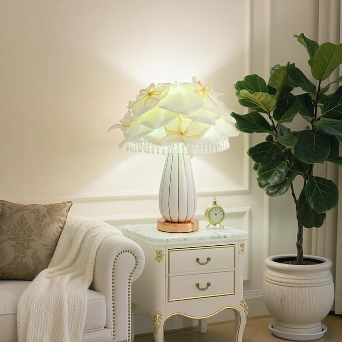 White Flower Girls Table Lamp Modern Princess Desk Lamp Cute Bow Bedside Lamp Nordic Nightstand Petal Light for Bedroom Valentines Dating Wedding Living Room Entry Office Study Room