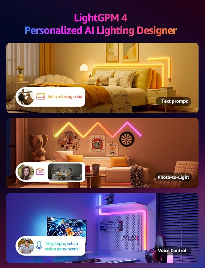 Lepro WL1 AI Smart RGB Wall Lights for Christmas Decorations, LLM AI Generated Lighting with LightBeats Music Sync, Voice Control Via App, Wi-Fi & Bluetooth LED Light Bars, 6 Pcs with 2 Corners