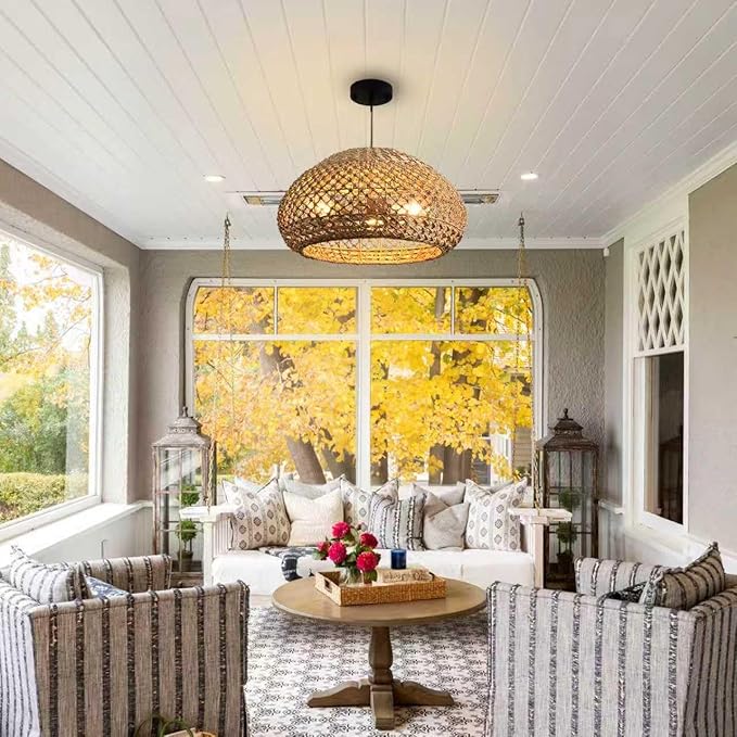 18.89" Large Rattan Pendant Light Fixture, Boho Ceiling Hanging 3-Light Hand-Woven Wicker Chandelier, Suitable for Kitchen Islands, Dining Rooms, and Farmhouses.