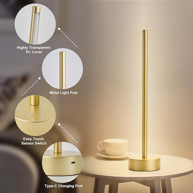 Cordless LED Table Lamp Set of Two, Battery Operated Portable Desk Lamp,Dimmable/3 Color/Memory Function,Modern Rechargeable Table Light for Living Room,Bedroom,Bedside,Gold, 2 Pack