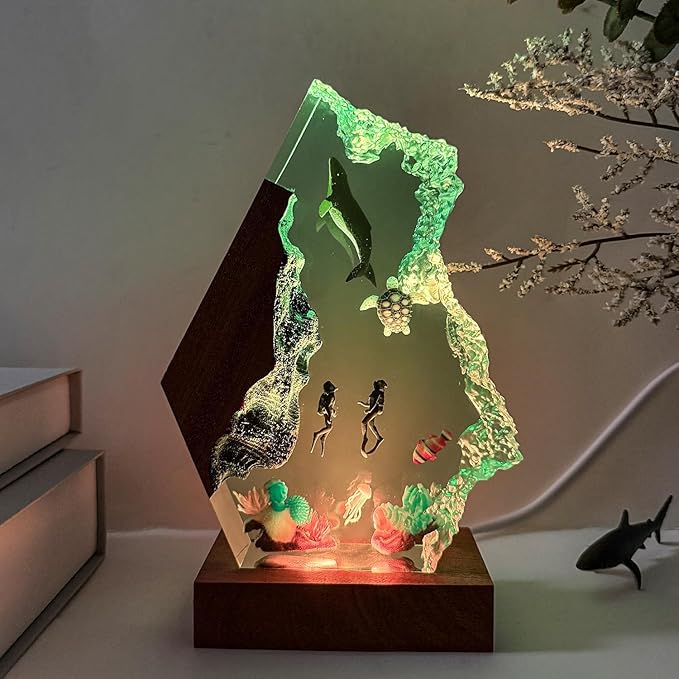 Humpback Whale Ocean Resin Lamp, Handmade Table Relaxing Mood Lamp with USB Port, Art Ornaments for Home Office Decor, Scuba Diver Gift for Birthday Holiday, Valentine's Day Gifts for Husband