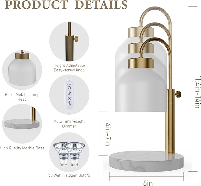 Candle Warmer Lamp, with 2 Bulbs,Timer & Dimmer,Compatible with Large Yankee Candle Jars,3 Wick Candles,Height Adjustable Electric Top Melter,110-120v, (White Marble)