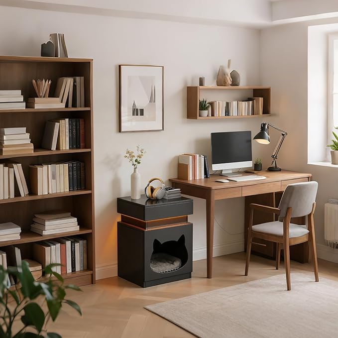 Night Stand with Charging Station, Wooden Bedside Table with LED Lights, Dark Grey Nightstand with Sliding Drawer, Modern End Table with Storage Space for Bedroom, Office, Courtyard