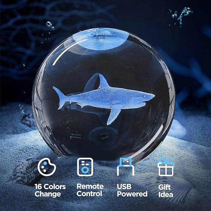 3D Shark Crystal Ball Night Light with Remote Lifelike 3.15 In Shark Sea Animal Glass Ball Lamps with 16 Color LED Wooden Base for Birthday Holiday, Cool Shark Toy Room Decor Gifts for Boys Girls Kids