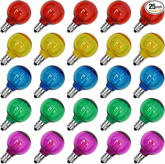 25 Pack G40 Multicolor Clear LED Light Bulbs, G40 Globe Christmas Replacement Bulbs for Outdoor Patio String Lights, 0.6W ShatterProof Energy Saving Light Bulbs, E12/C7 Candelabra Base