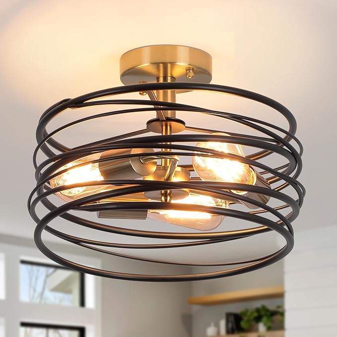 Black Rustic Drum Semi Flush Ceiling Light with 3-Light Brass Base, Modern Gold Farmhouse Chandeliers Metal Cage for Dining Room, Industrial Pendant Light for Entryway Kitchen Foyer Bedroom