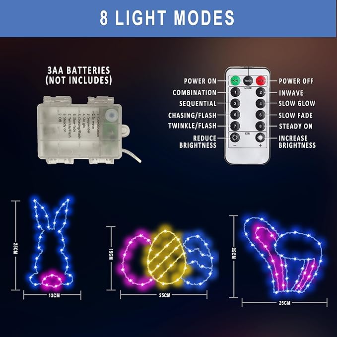 3 Packs Easter Decoration Lights, Hanging Easter Light Battery Operated with Timer & Remote, 62 LED Easter Bunny & Eggs Waterproof Window Lights - Indoor/Outdoor Decor