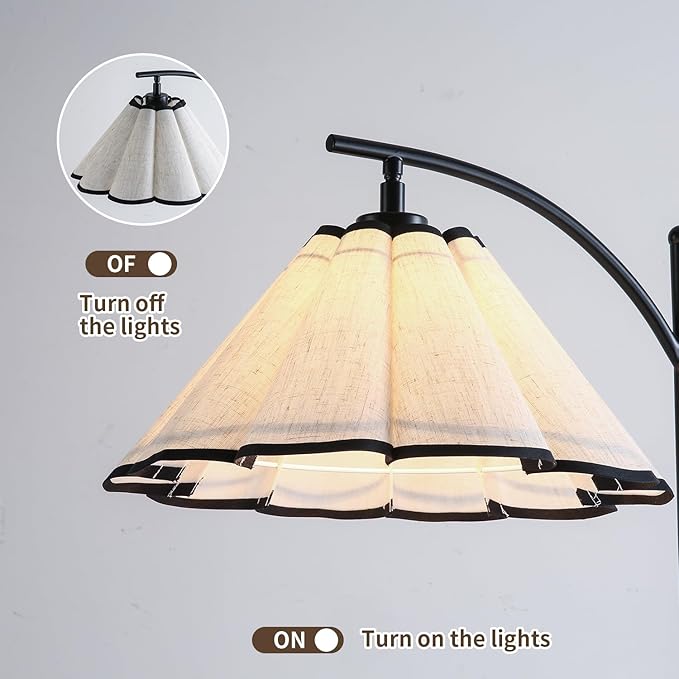 Floor Lamp with Pleated Linen Lampshade, Modern Flower Floor Lamp for Living Room Arc Standing Lamp, Gold Tall Lamp for Bedroom Office Dining Room, Bulb Included (Black + Black, 66.14IN)