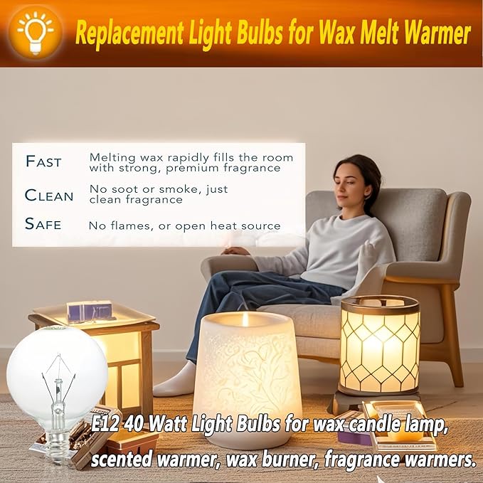 40W Light Bulbs,Wax Warmer Bulbs,E12 Candelabra Base 120 Volt Round Light Bulbs for Full Size Scentsy Warmer,Wax Melt Warmer,Chandelier Table Lamp Wall Sconces,Soft Warm White,G50/120V,6 Packs