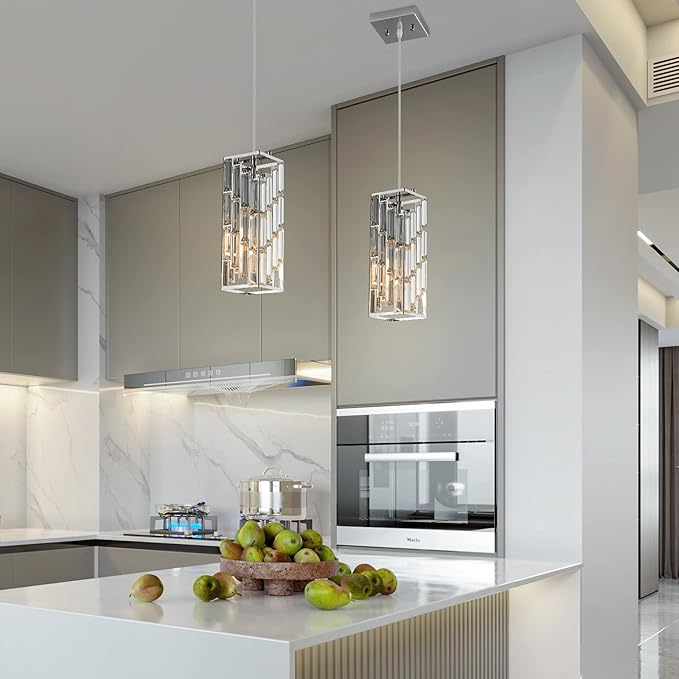 Chrome Pendant Lighting Modern Pendant Light, Mini Crystal Chandeliers,Adjustable Pendant Light Fixture for Kitchen Island Dinning Room Bedroom (2 Pack)
