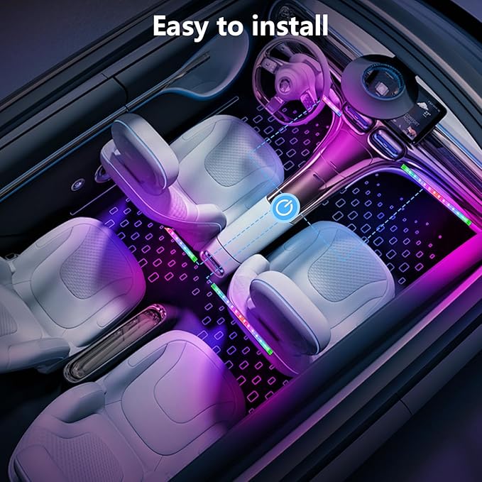 Smart Interior Car Lights,Car led Lights Interior with Rainbow Effect,8 Dynamic Music Mode,256 Lighting Effects and 16 Million Colors,Car Led Strip Lights Controlled by APP,12V