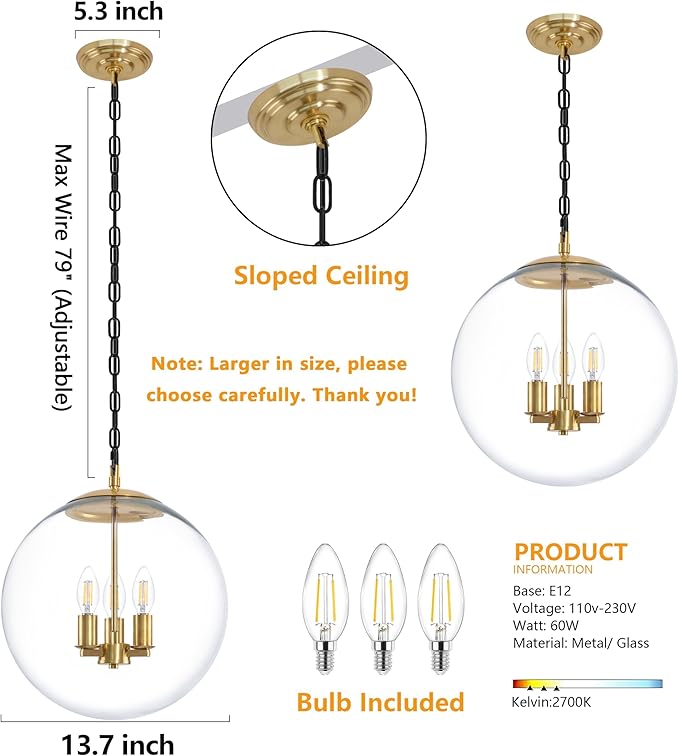 KoKo&Yukina 13.7" Gold Globe Pendant Light Mid Century Pendant Light Clear Glass Pendant Lights Kitchen Island Adjustable Hanging Light Fixture for Dining Room Bedroom Kitchen Island