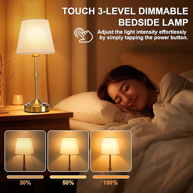 2 Pack Rechargeable Cordless Table Lamp, 5000mAh Battery Operated Lamps, Wireless 3-Level Dimmable Touch Lamp, Portable Night Bedside Brass Lamp, Desk Light for Patio Restaurant Dinnin (Gold)
