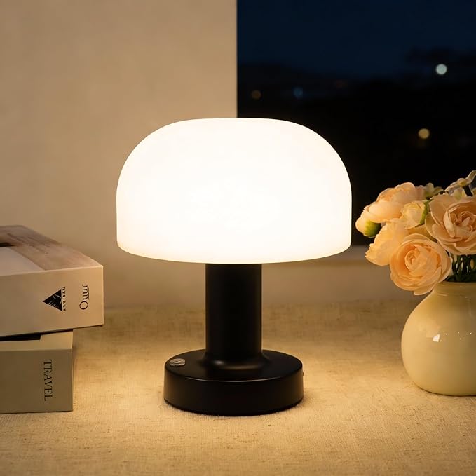 Small Mushroom Table Lamp, Cordless Night Light with 2600mAh Rechargeable Battery, Stepless Dimming Desk Lamp with 3 Colors for Bedroom/Patio/Living Room (Black-1)