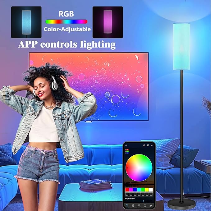 Smart LED Floor Lamp with APP Control & RGB Colors - Dimmable Standing Lamp for Living Room, Bedroom, Gaming - Remote, Timer, 9W Bulb Included, 67" Modern Tall Lamp (black pole + white shade)