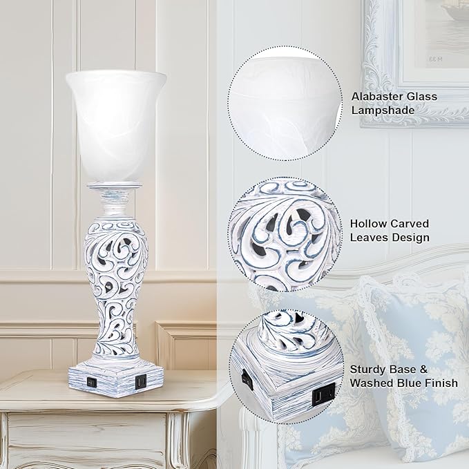 20" Table Lamp with 2 USB Ports, Vintage Bedside Lamp for Bedroom, 3-Way Dimmable Desk Lamp with Glass Shade, Rustic Farmhouse Nightstand Light for Living Room Entryway or Office, LED Bulb Included