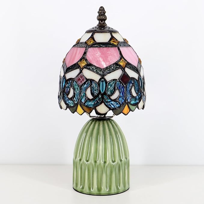 Tiffany Lamp Stained Glass Mushroom Table Lamps 6X6X12.5 Inch Pink Jewelry Baroque Style Small Night Light Ceramic Base Mini Accent Desk Light Suitable for Bedside Table Bedroom Children Room