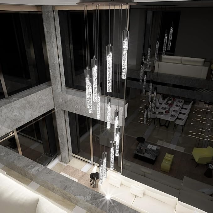 Flashing God Black Chandelier 16-Lights Staircase Chandelier for Living Room Hight Ceiling Foyer Pendant Lighting Fixture Modern Raindrop Crystal Chandelier Spiral Stairwell Lighting