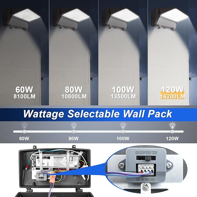 Full Cut-Off LED Wall Pack Light with Photocell, 120W/100W/80W/60W Selectable, 5000K Daylight IP65 Waterproof, 200-450W MH/HPS Equiv. Outdoor Commercial Wall Pack Light, AC100-277V, DLC ETL Listed