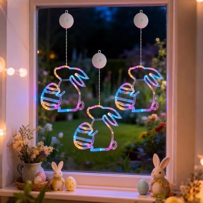Easter Window Lights Decorations, 3 Pack Easter Hanging Window Decor Colorful Bunny Shaped Lights with Suction Cup, Indoor Battery Operated Bunny LED Holiday Lamp for Home Door Window (Multicolor)