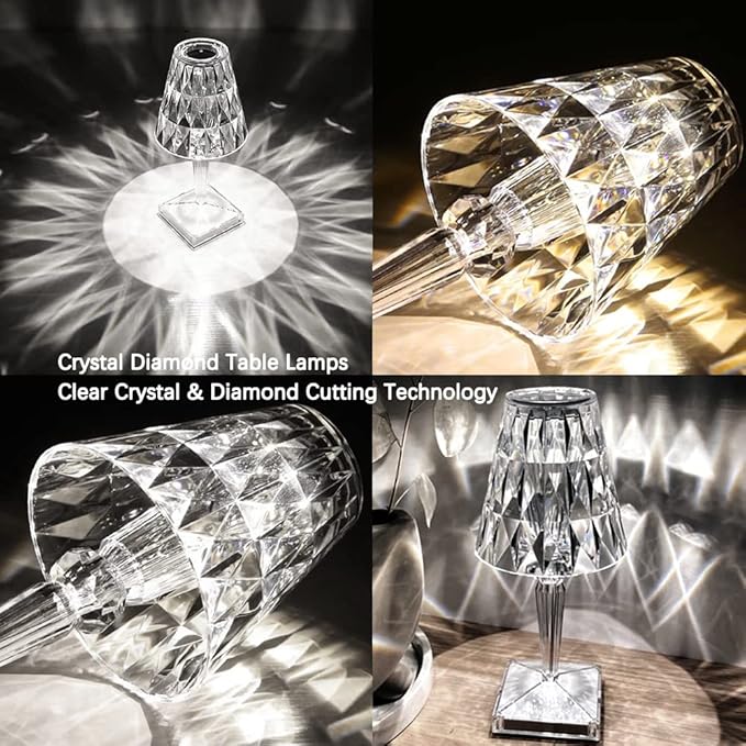 2pcs Crystal Table Lamp Touch Control Crystal Rose Lamp, [2000mAh]Rechargeable LED Diamond Table Lamps with 3 Color Changing Light, [Non-Yellowing]Acrylic Cordless Table Lamp Small Lamp for Bedroom