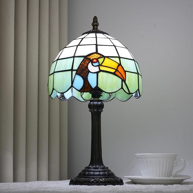 Small Tiffany Lamp Stained Glass Lamp Retro Style Bird Toucan Reading Bedside Table Lamp for Bedrooms Kitchen Dormitories Studies Antique Home Restaurant Office Decor Children's Gift 8 Inch