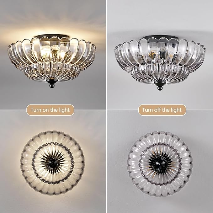 Modern Black Ceiling Light Fixture, 12" Grey Glass Flush Mount Chandeliers, Semi Flush Mount Ceiling Light Fixture Suitable for Living Room Hallway Kitchen Bedroom