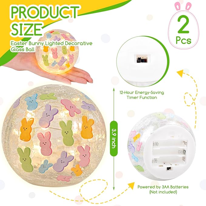 2 Pcs Easter Lighted Glass Ball Decorations - 3.9inch Easter Bunny Crackle Pattern LED Lights Eggs with Timer, Light Up Egg Lamp Table Easters Decor Decorative Snow Globe for Holiday Garden Party Gift
