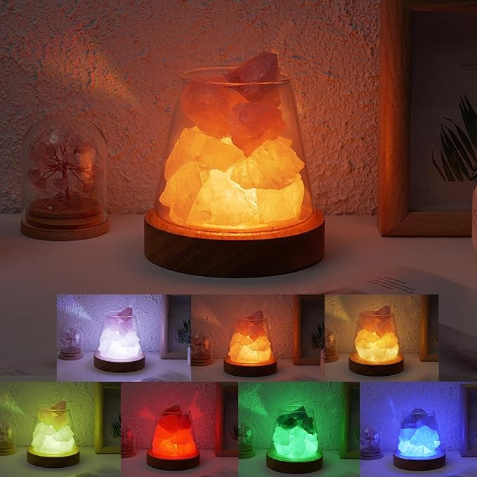 Runyangshi Rose Quartz Clear Quartz Night Lamp Natural Healing Crystal Atmosphere Lamp with Remote Control Bedside USB Port 7 Colours Dimming Mode Bedroom Lamp Home Decor Gift