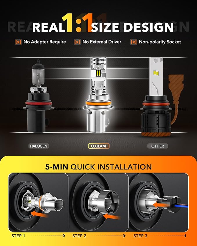 OXILAM 9004/HB1 LED Bulbs, 40,000LM 900% Brighter 6500K Cool White Driving Bulbs, 60,000Hrs Lifespan, IP68, 1:1 Size, Anti-Flicker Fog Light, Plug & Play, Pack of 2