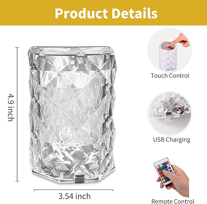 Crystal Touch Lamp, 16 Color Changing Touching Control Rose Crystal Diamond Lamp Nightstand Light Lamp with Remote for Bedroom, Bar, Dinner, Christmas, Birthday Gifts (Small)