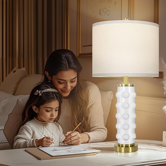 23.5" Modern Ceramic Table Lamp Set of 2 for Living Room, White Desk Lamps for Bedroom Nightstand, Farmhouse Lamps with 3-Way Dimmable Bulb, Linen Shade, Bedroom Living Room (Bulb Included)