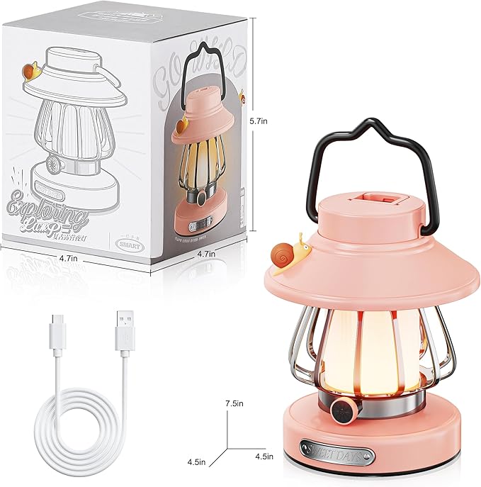 HOMY Pink Retro Kids Camping Lantern, 3-Color Dimmable Portable LED Night Light with Handle, Vintage Decorative Lamp for Toddlers, Gift for Tent, Backyard & Indoor Play