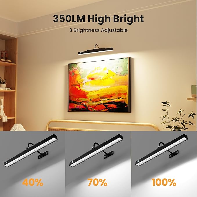 2 Pack Picture Lights for Wall Paintings Motion Activated – 16'' Rechargeable and Cordless Wall Sconce Pictures, 350LM Artwork Light for Gallery, Portraits,Poster(Black)