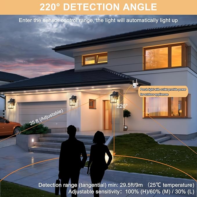 Porch Light with GFCI Outlet with Remote, Dusk to Dawn Outdoor Lighting with Outlet, Upgraded 4 Lighting Modes Motion Sensor Outdoor Lights, Waterproof Outside Lights for House Patio Garage Front Door