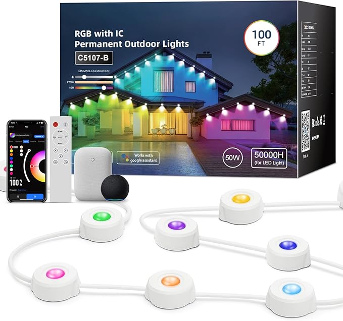 Smart Permanent Outdoor Lights, RGB with IC + White(6000K), Under-Eave Lighting, 100ft/72 LEDs/IP67 Light / IP65 Controller, 111+ Scenes, Music Sync, Alexa/Google, Wi-Fi/Voice/Remote Control