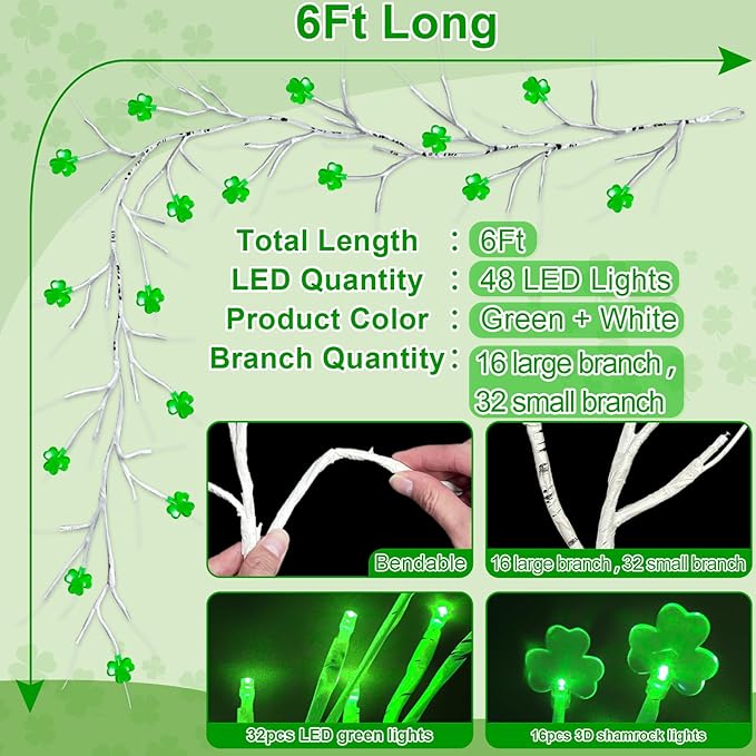 [Timer & 8 Modes] 6 Ft 48 LED St Patricks Day Garland, St Patricks Day Decorations St Patricks Garland with Shamrock Lights St Patricks Day Lights St Patricks Day Decor for Home Table Mantle Porch