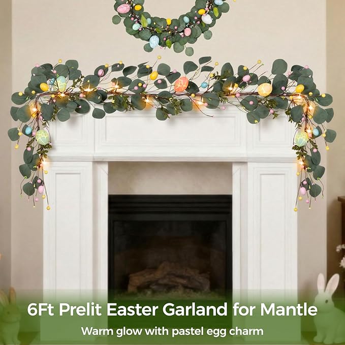 Easter Decorations 6FT Prelit Lighted Easter Garland, Eucalyptus Garland with Easter Eggs, Berries & Buds - 20 LED Lights 8 Modes with Timer, Battery Operated for Mantle Door Table Home Indoor Outdoor